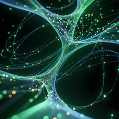 Flowing lines and particles suggest movement and interconnectedness.