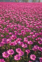 Fototapeta premium Vibrant pink flower field, sunlit, close-up view , close-up, sunlight, summer