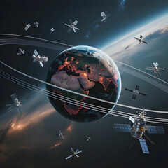 Earth as the central focus, with a high-tech, sci-fi aesthetic.