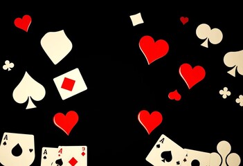 Elegant black background featuring classic card suit symbols (spades, hearts, diamonds, clubs) Ideal for casino, poker, gambling themes,  suits,  spades