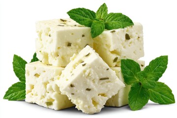 Fresh artisanal cheese cubes garnished with fragrant mint leaves on white background captured for culinary delight and gourmet presentation captured with clarity