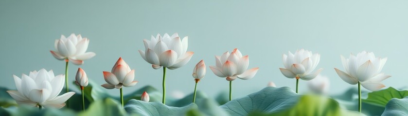 Fototapeta premium Elegant white lotus flowers bloom above lush green leaves against a soft blue background.