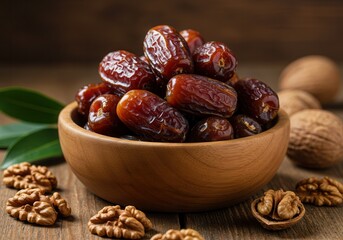 Dates in wooden bowl with walnuts on rustic table surface with green leaves