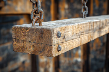 Rustic wooden beam with chains close up