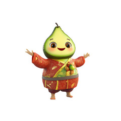 Adorable Avocado Character in Traditional Asian Clothing Welcoming Pose