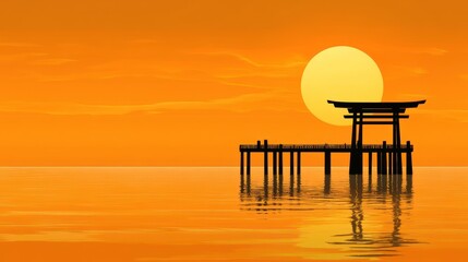 Serene sunset pier silhouette with torii gate orange and golden hues