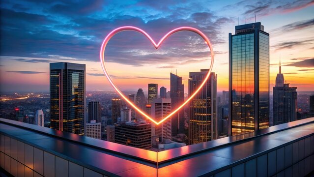 Neon heart cutout atop sleek skyscraper at dusk , cityscape, skyscraper