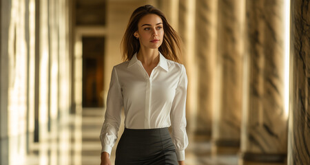 Elegant Businesswoman in White Blouse and Pencil Skirt Walking Confidently Through a Marble Hallway with Tall Classical Columns and Soft Ambient Lighting.