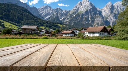 Beautiful Mountain Landscape with Wooden Table and Clear Blue Sky in Rural Setting