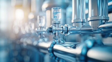 Shiny metal industrial pipes and valves in a modern facility, highlighting clean technology and precision engineering.