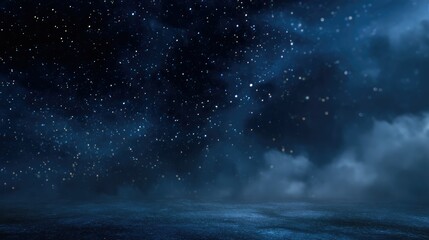 Starry Night Landscape: Mystical Dark Blue Sky, Ground Fog