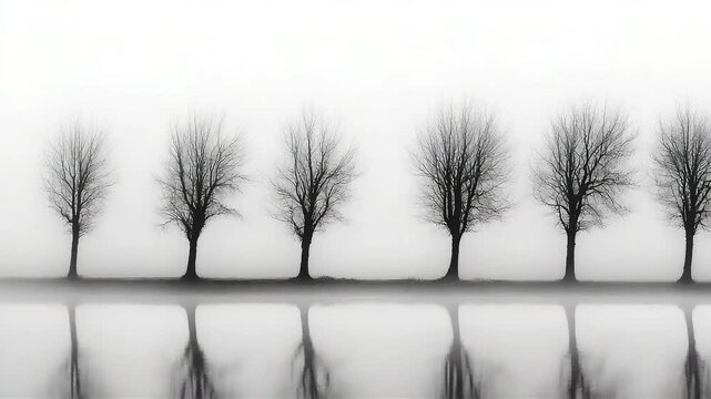 Silhouette trees reflection landscape fog minimalist monochrome