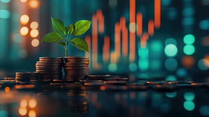 A green plant grows from stacked coins, symbolizing financial growth and investment, with colorful stock market graphs in the background.
