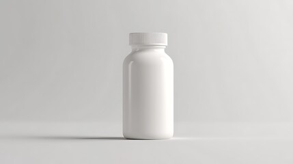 White plastic pill bottle with a cap isolated on neutral background in a clean mockup
