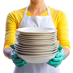 Woman Holding Stack of Clean Dishes Cleaning Service House Chores