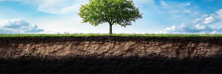 Lush green tree rooted in rich, layered soil, contrasted against a vibrant blue sky