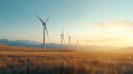 Wind turbines generate clean energy on a vast field under a clear sky at sunrise, with mountains in the distance.