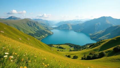 Fototapeta premium Rolling hills, distant lake, Stanserhorn backdrop, green, Stanserhorn, outdoor