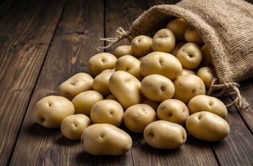 Fresh Potatoes Spilling from a Hessian Sack Onto Rustic Wooden Boards