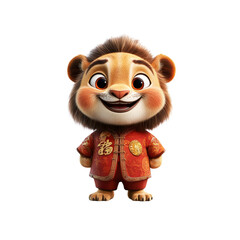 Adorable Cartoon Lion Cub in Traditional Chinese New Year Clothing