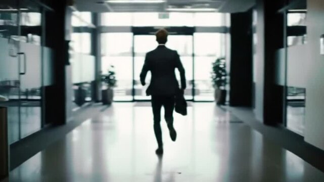 Rear view. The silhouette of a businessman in suit runs along corridor of office building. A confident entrepreneur or manager with a briefcase in his hands is late, rushing to exit of business center - Powered by Adobe