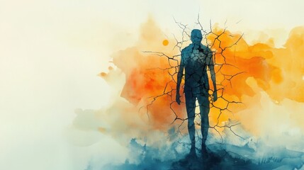 A cracked human silhouette stands against an abstract, colorful watercolor background, evoking themes of struggle and transformation.