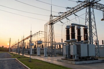 Electrical Substation with Utility Poles and Power Transformers