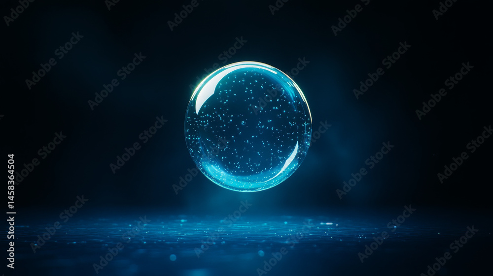Poster glowing bubble with shimmering particles floating in dark space creates mesmerizing effect