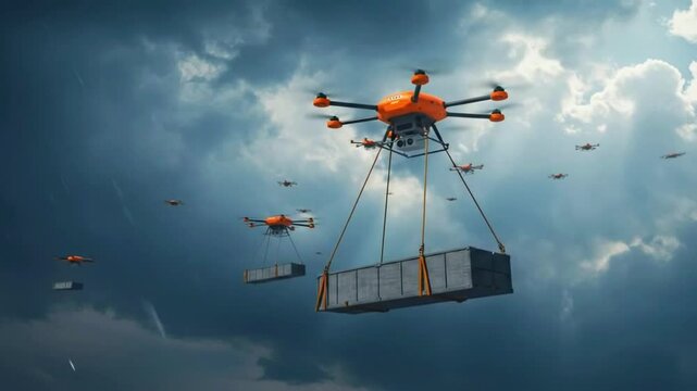 A fleet of drones transporting cargo through a dramatic sky filled with dark clouds, showcasing innovation