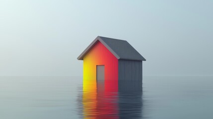 A modern house partially submerged in serene water, showcasing unique design and colors.