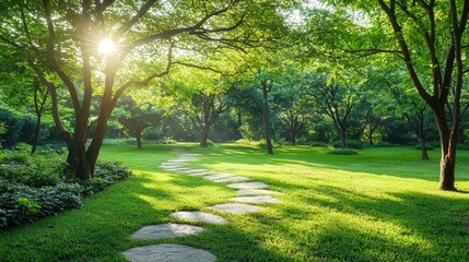 A tranquil garden path winds through lush green grass and under the shade of large trees bathed in warm sunlight.