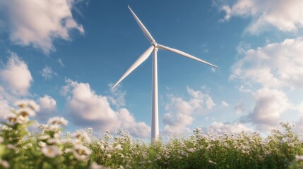 Fototapeta premium Harnessing wind energy turbine in a vibrant flower field nature scene