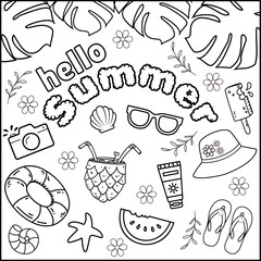 Printable coloring page summer concept. Coloring book activity. summer elements outline vector illustration. Black and white coloring book for adult and kids.