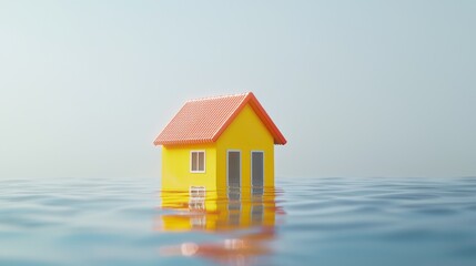 A small yellow house partially submerged in calm water, symbolizing flooding and resilience.