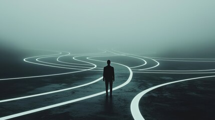 A person standing on a winding path in a foggy atmosphere, representing uncertainty.