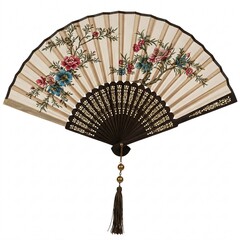 An open decorative hand fan with painted floral designs and a tassel with beads,