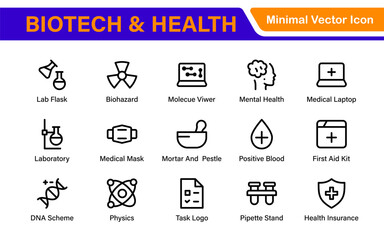 Biotech and Health Tech Icon Pack &ndash; Clean, Minimalist Line Vector Illustrations for Healthcare, Science, Lab Research, Pharma.