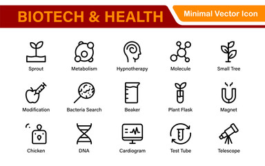 Biotech and Health Tech Icon Pack – Clean, Minimalist Line Vector Illustrations for Healthcare, Science, Lab Research, Pharma.
