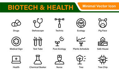 Biotech and Health Tech Icon Pack &ndash; Clean, Minimalist Line Vector Illustrations for Healthcare, Science, Lab Research, Pharma.