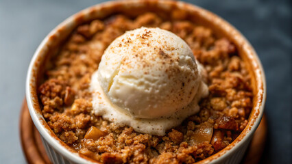 Plant-based restaurants Warm dessert with vanilla ice cream top served bowl plant based restaurants offering cozy dining