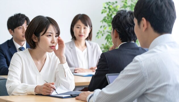 課題解決に苦悩する若いビジネスウーマン：真剣な表情でチームと向き合う会議風景