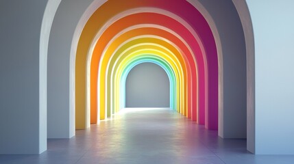 A vibrant corridor featuring colorful arches in a harmonious rainbow design.