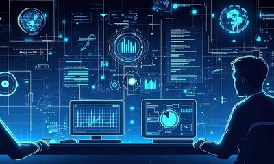 Two people monitor a complex system of interconnected data visualizations on multiple computer screens.  Detailed graphical displays illustrate various metrics, data flows, and analytic information - Powered by Adobe