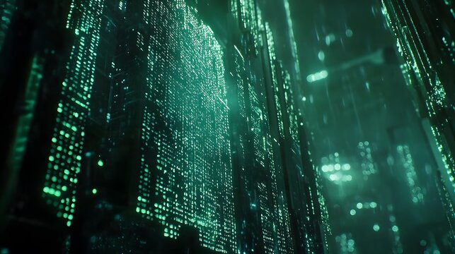 Futuristic digital city composed of glowing green data streams.