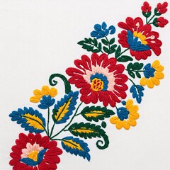 Naklejka premium Floral embroidery pattern with red, blue, and yellow flowers and green leaves