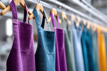 Close-up view of vibrant aprons in various styles hanging in a colorful production environment