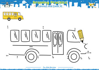 Drawing Practice connect the dots and color it School bus