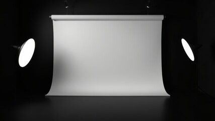 A simple studio photography setup features a white backdrop illuminated by two softbox lights in a dark room ready for product shots.