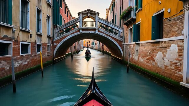 View from gondola moving through narrow Venetian canal under stone bridge between colorful historic buildings during golden sunset light

