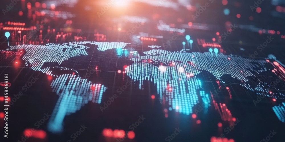 Poster global digital network: a striking depiction of a digitally interconnected world, with a vivid map s